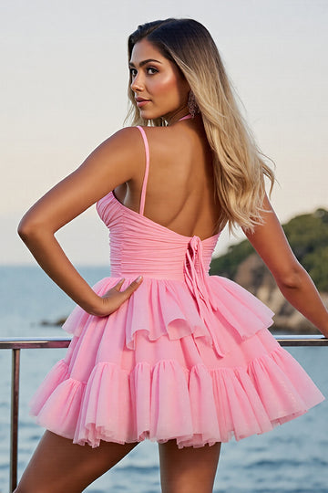 Pink Corset Tulle A Line Short Homecoming Dress